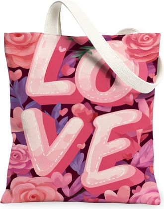 Generic Love Floral Canvas Tote Bags, Romantic Flower Design Reusable Grocery Bags, Spring Vintage Lightweight Washable Shoulder St, Peach, 13x15 Inch
