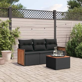 vidaXL Juego De Sof&aacute;s Jard&iacute;n 4 Pzas Con Cojines Rat&aacute;n Sint&eacute;tico Negro Vidaxl
