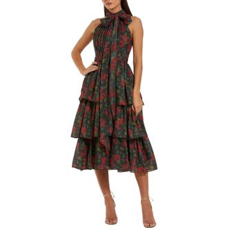 Mac Duggal Floral Chiffon Tiered Midi Dress with Neck Bow in Black Multi at Nordstrom, Size 12