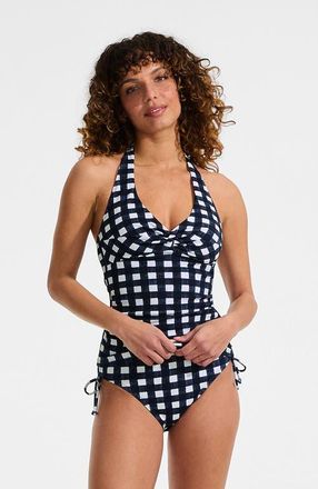 Lands End Twist Halter Tankini Top in Navy Gingham Pique at Nordstrom, Size 12