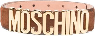 Moschino Suede-Textured Brown Belt With Gold-Tone Logo Buckle