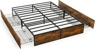 Costway Double Iron Bed Frame 4 Underbed Storage Drawers Platfrom Bed Slat Support Base