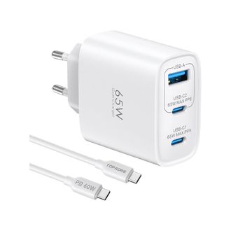OEM Sgs Cargador Usb-c Gan 65w Stcpd-gan65w 2 Puertos Usb-c Pd 3.0 Y Usb-a Qc 3.0 Blanco