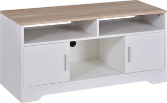 HOMCOM TV Stand for TVs up to 42 Inches with Cabinets - Shelves and Wide Tabletop for Living Room - Bedroom - Dining Room - White and Wood Color Door Cabinet