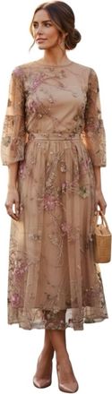 Bigio Collection Embroidered Prairie Sleeve Sheer Midi Dress In Tan