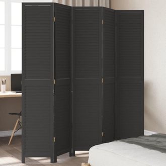 vidaXL Biombo Separador De 5 Paneles Madera Maciza Paulownia Negro Vidaxl