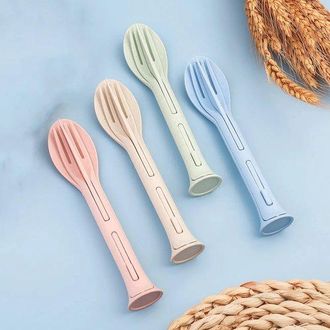 OEM Juego De Cubiertos De Paja De Trigo De 4 Piezas, Reutilizable Y Port&aacute;til, Cubiertos De Viaje 3 En 1 (cuchara, Tenedor, Ecol&oacute;gico Y Libre De Bpa