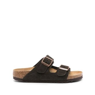 Birkenstock Sliders, female, Brown, Size: 11 US Brown Suede Sandals Logo Buckle