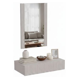 Dmora Consola Premolo, Entrada Suspendida Con Espejo, Dise&ntilde;o Moderno Con Efecto Ca&ntilde;a, 80x42 H97 Cm, Beige