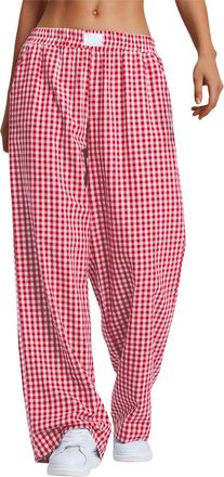 Generic Womens Striped Gingham Boxer Pants, Lounge Pajama, Casual Plaid Trousers, Y2K Fashion Beach Bottoms with Pockets (Red,XXL)