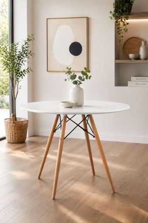 Fusion Living Soho Medium White Circular Dining Table with Beech Wood Legs