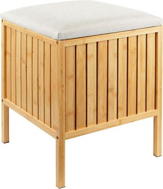 Relaxdays Relaxdays laundry hamper with seat, bamboo, padded lid, HWD: 52 x 39 x 39 cm, bathroom storage stool, natural/cream