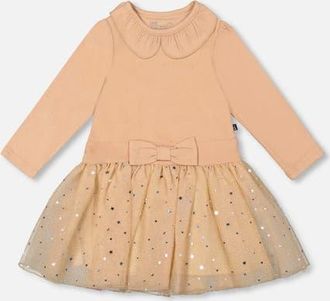 Deux par Deux Bi-Material Dress with Glittering Skirt in Beige at Nordstrom, Size 12M