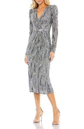 Mac Duggal Long Sleeve V-Neck Beaded Cocktail Dress in Charcoal at Nordstrom, Size 4