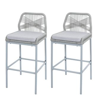 Hhg Nunca Usado] Lote De 2 Taburetes De Bar De Cuerda Hhg 988, Asiento De Exterior De Mimbre De Cuerda De Metal, Gris Claro, Coj&iacute;n Gris Claro