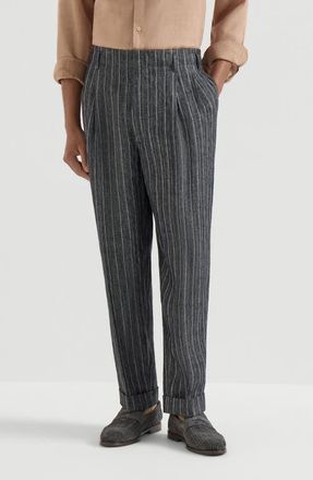 Brunello Cucinelli Linen chalk stripe chevron trousers with double pleats in Dark Grey at Nordstrom, Size 44
