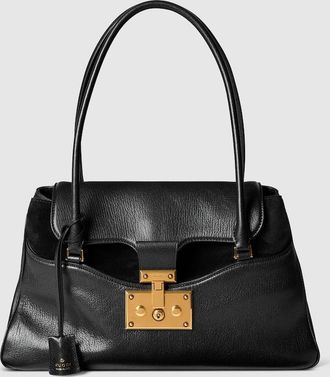 Gucci Large Tote Bag With Lock, Black, Leather
