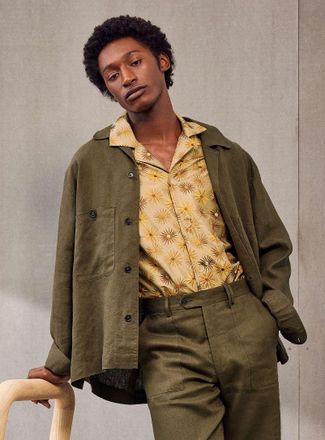 &Eacute;cole de Pens&eacute;e Mens Olive pure linen cabana shirt