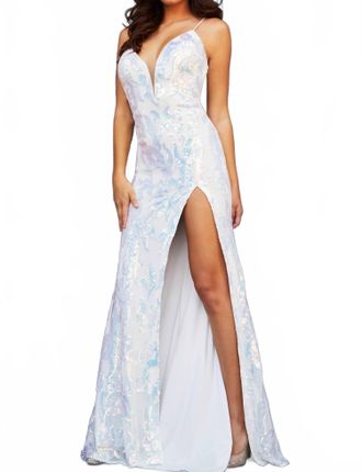 Jovani Open Back Plunging Neck Dress In Ivory