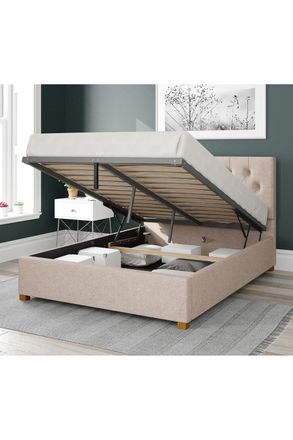 Aspire Home Accents Olivier Upholstered Ottoman Storage Bed, Saxon Twill Fabric in Natural | Size: Super King