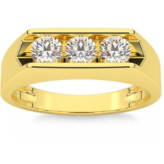 Pompeii3 3/4 Ct Diamond Three Stone Mens Wedding 3 Round Jewelry Ring 10k Yellow Gold