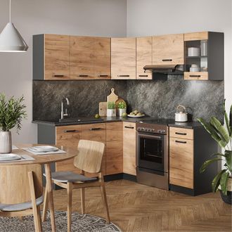 Vicco Cocina Esquinera Rick, Antracita/roble Dorado, 187 X 167 Cm, Et Negro Estampado Con Tira De Led
