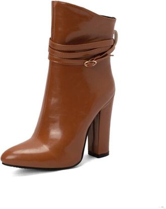 Generic Womens Pointed Toe Ankle Boots Chunky Block Heel Strappy Buckle Faux Leather Slip On Comfortable Non Slip Durable for Evening Party Prom,Brown,3.5 UK