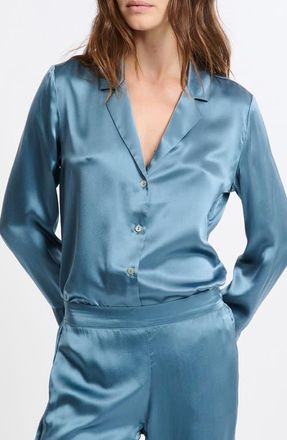 Etam Pearly Silk Chemise Button-Up Pajama Shirt in Encre at Nordstrom, Size X-Large