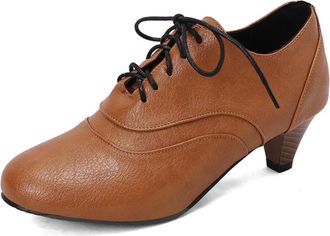 Generic Womens Lace-Up Pumps Round Toe PU Leather Upper Block Heel Contrast Laces Stitched Design Soft Inner Lining Slip-On Comfort Shoes,Yellow,10.5 UK