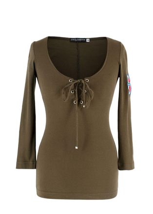Dolce & Gabbana Khaki Ribbed Lace Up Detail Top Size XS