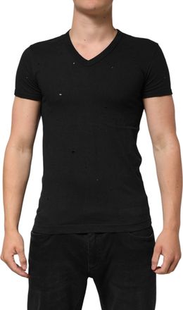 Dolce & Gabbana Black Cotton Tattered Logo V-Neck Men T-Shirt