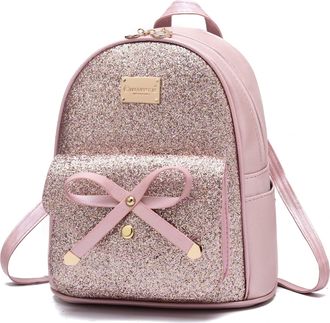 I Ihayner Cute Sequin Mini Backpack for Women Small Bowknot Leather Purse Fashion Backpack Purse for Women Gold Pink
