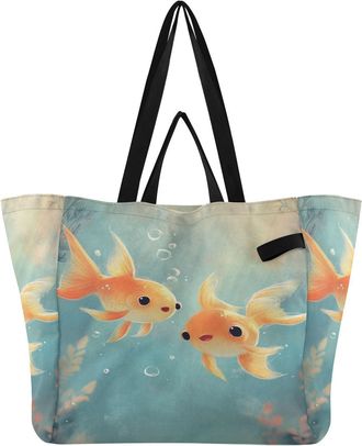 Generic Goldfish Bubbles Teal pattern Reusable Canvas Tote Bag, Heavy Duty Grocery Shopping Bag with Hard Bottom Large Capacity Double Handles Work Groceries 