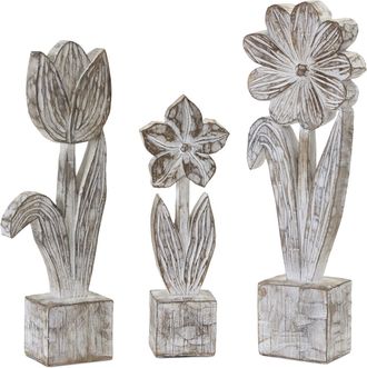 Melrose International White Washed Potted Floral Sculpture (Set of 3) - Grey, White, Brown