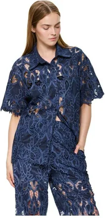 Gottex Guipure Lace Short Sleeve Button Down Shirt Cover-Up in Navy at Nordstrom, Size X-Large