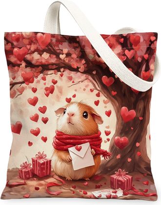 Generic Valentines Day Guinea Pig Canvas Tote Bag for Shopping 13x15, Fun Heart Tree Animal Reusable Grocery Print Pattern Bag for Women, Holiday Beach Aesthe