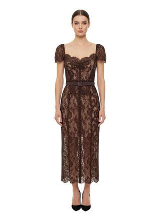 Self Portrait Brown Lace Sweet Heart Neck Midi Dress