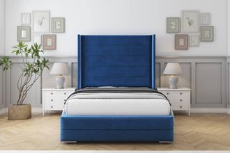 Sloomy Sterling Plush Bed Frame With 50 Upholstered Wingback Headboard in Navy | Size: Super King