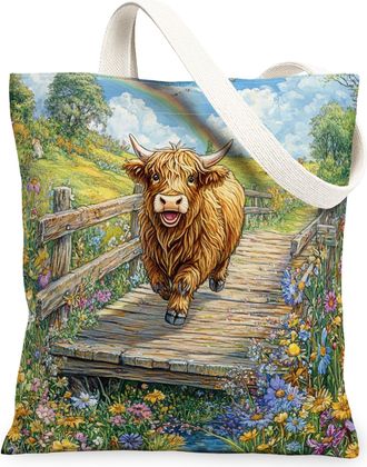 Generic Spring Highland Cow Canvas Tote Bag for Shopping 13x15, Country Garden Animal Reusable Grocery Print Pattern Bag for Women, Fun Flower Scenic Beach Ae