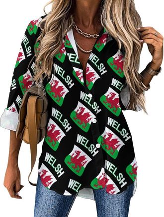 Generic Welsh Flag Womens Shirts Long Sleeve Blouse Shirt Casual T Shirts Tops 8XL