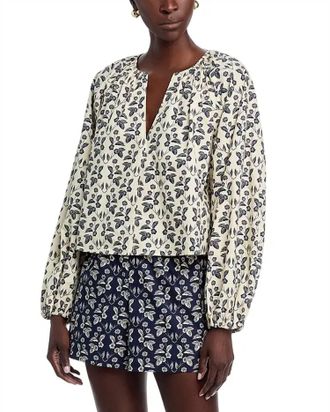 Tanya Taylor Adelina V-Neck Top In Cream/maritime Blue