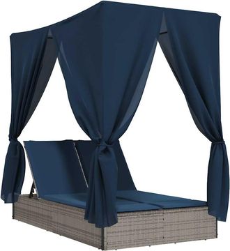 vidaXL Tumbona Doble Con Techo Y Cortinas Rat&aacute;n Sint&eacute;tico Gris Vidaxl