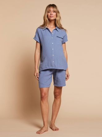 Envie de Fraise Kurzer Schlafanzug f&uuml;r Schwangerschaft und Stillzeit ENVIE DE FRAISE, Bio-Baumwolle blau chambray