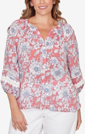 Ruby Rd. Floral Three-Quarter Sleeve Button-Up Top in Red Multi at Nordstrom Rack, Size 1 X