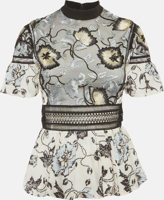 Self Portrait Multicolor Crepe Floral Embroidered Ruffle Top