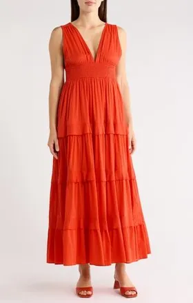 Chelsea28 Sleeveless Tiered Cotton Maxi Dress in Red Bloom at Nordstrom Rack, Size X-Large