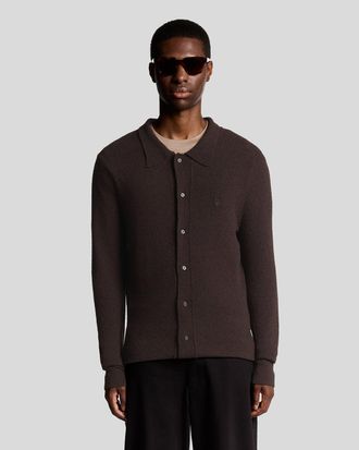 Lyle & Scott Mens Textured Knit Collared Cardigan - Brown Nylon - Size X-Large