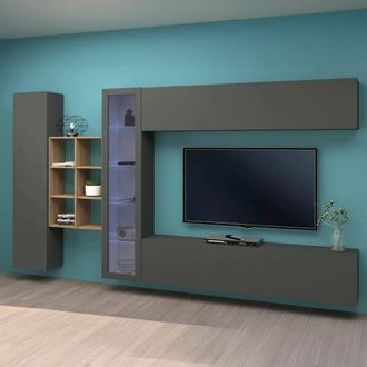 Dmora Pared Equipada Dcavio, Conjunto De Sal&oacute;n Mueble Tv Con 4 Puertas, Mueble De Sal&oacute;n Polivalente Con Vitrina Y Luz Led, 100% Made In Italy, Cm 280x30h180