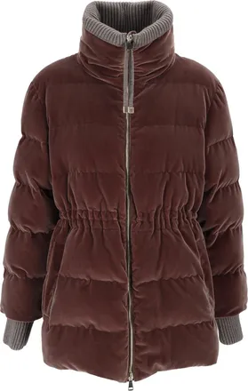 Fabiana Filippi Bark Brown Quilted Velvet Ribbed Knit Down Jacket