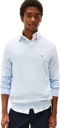 Tommy Hilfiger Mens Cotton Solid V Neck Sweater Lightweight Pullover, Brisk Blue, XXL